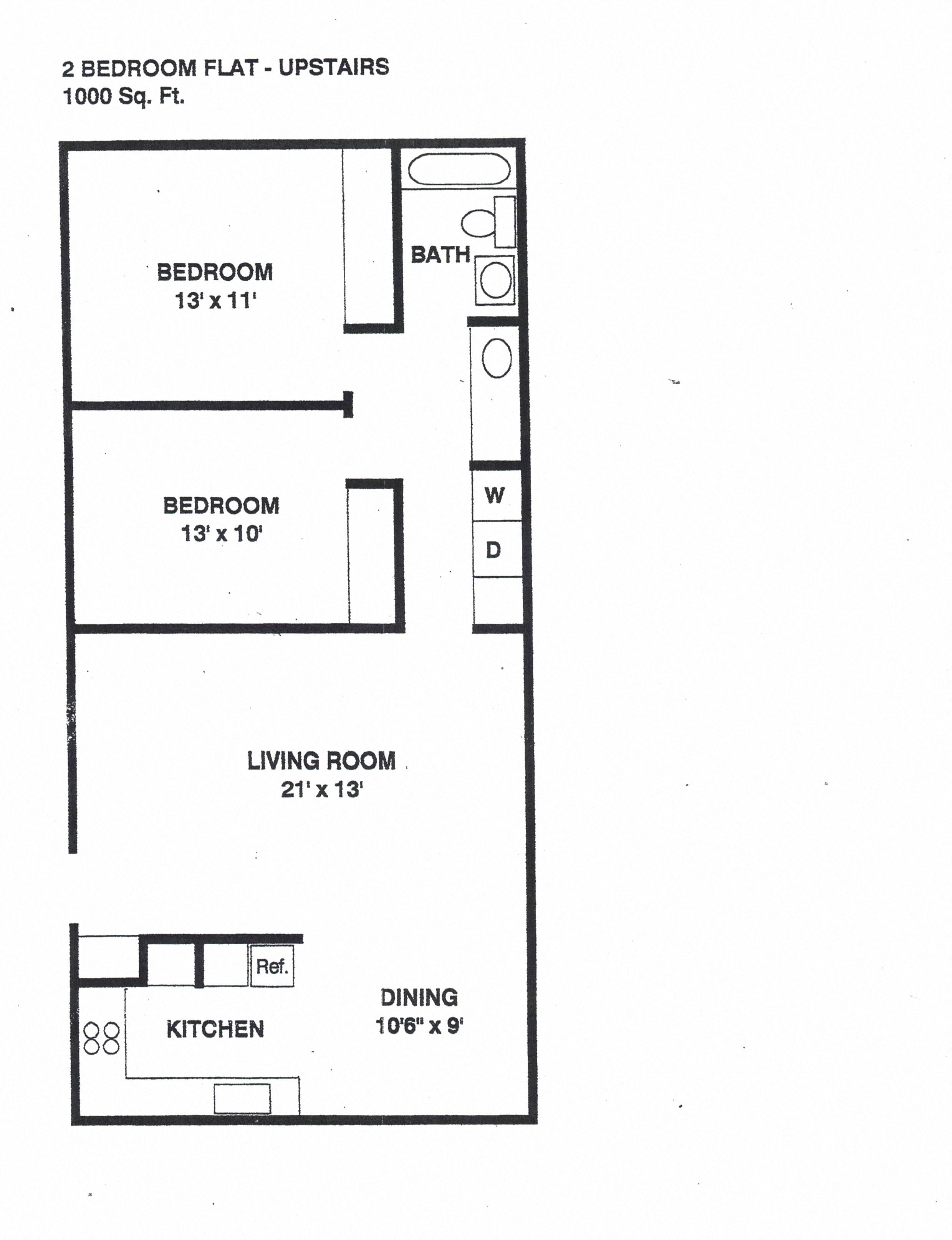 Floor plan for 2 beds, 1 bath, 1000 sqft